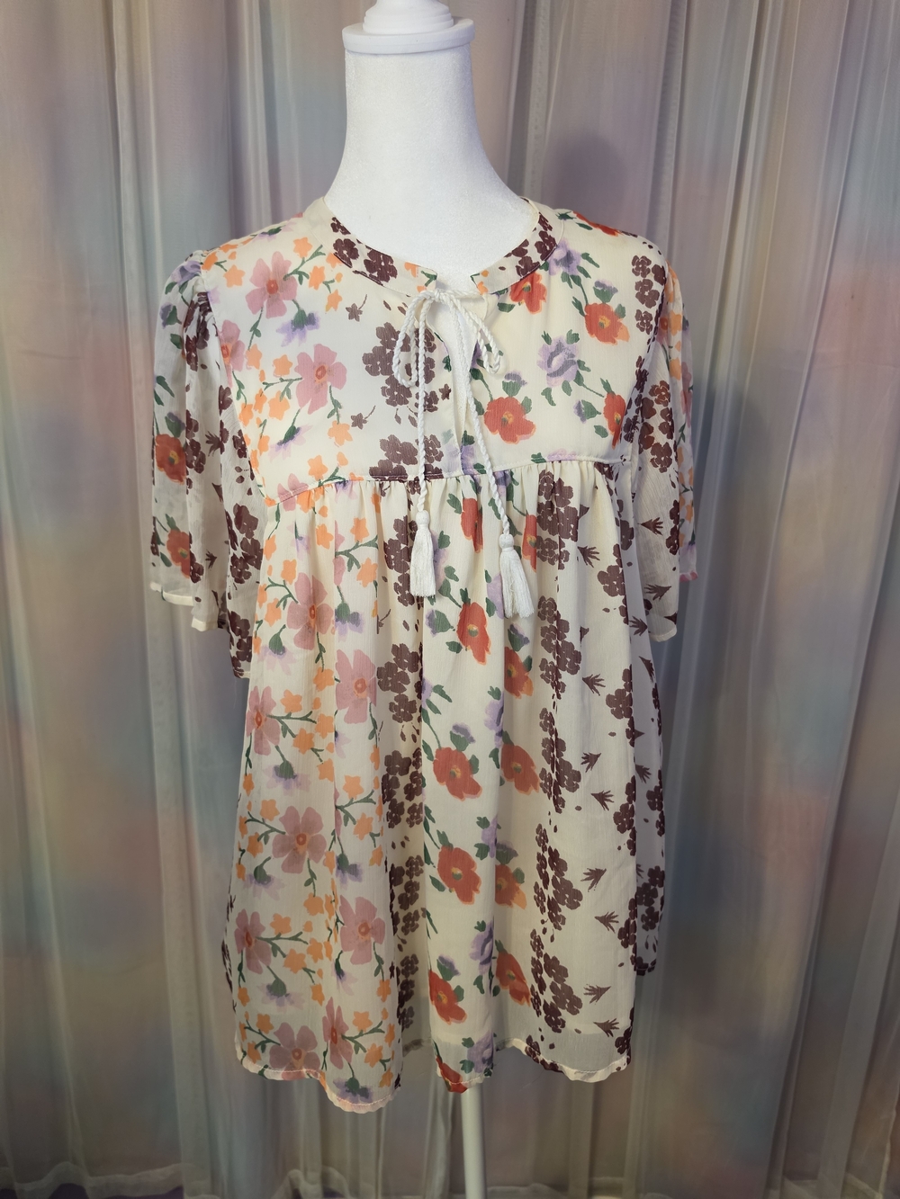 Lucky Brand Cream Burgundy Boho Floral Semi Sheer Lined Babydoll Top Size Large